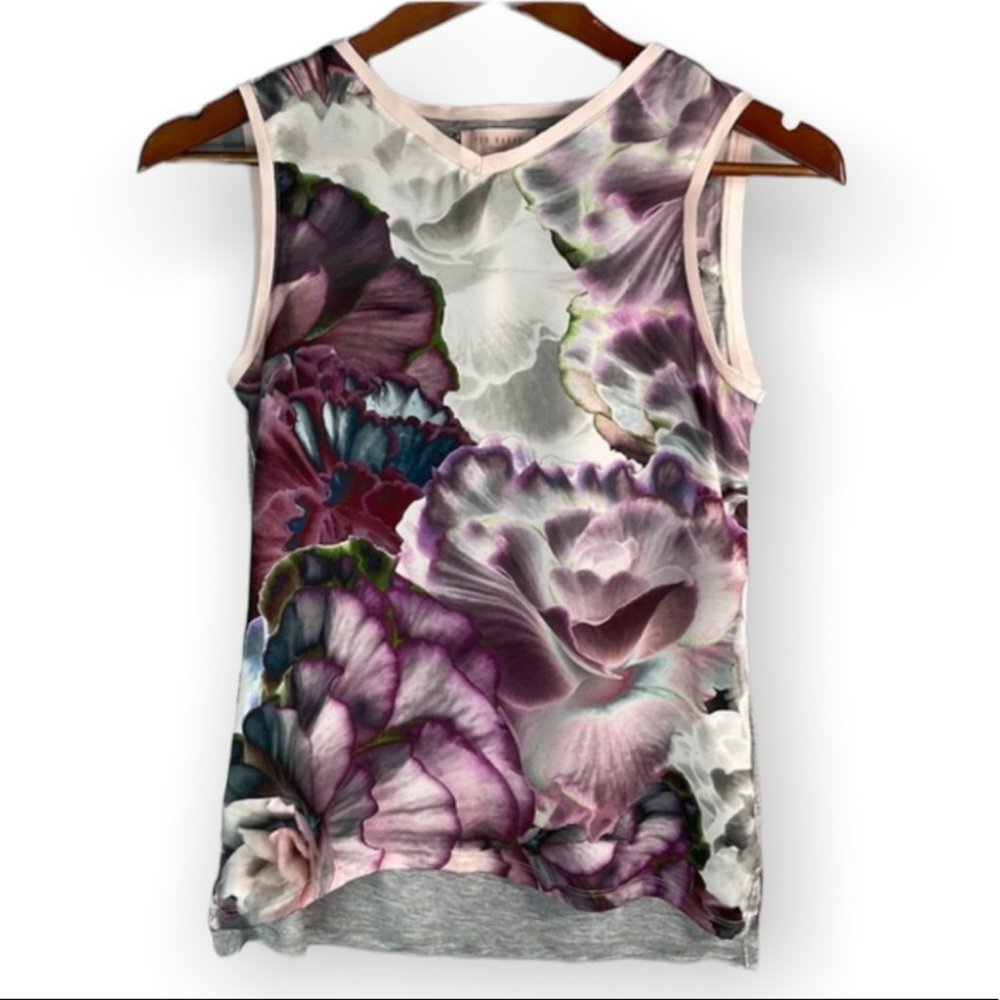 Ted Baker London Silky Floral Print V-neck Sleeveless Top purple pink grey 2